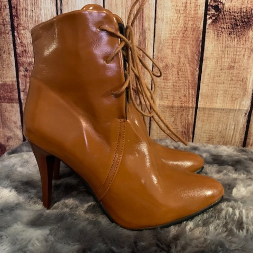 Cognac Laced Up Heel Boots